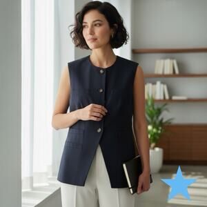 Antonio Melani Elodi Suiting Vest Womens 14 Navy Blue Cotton Coastal Classic NWT